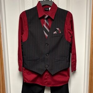 Boys Black Dress Pants with Maroon Shirt and Striped Vest and Tie
